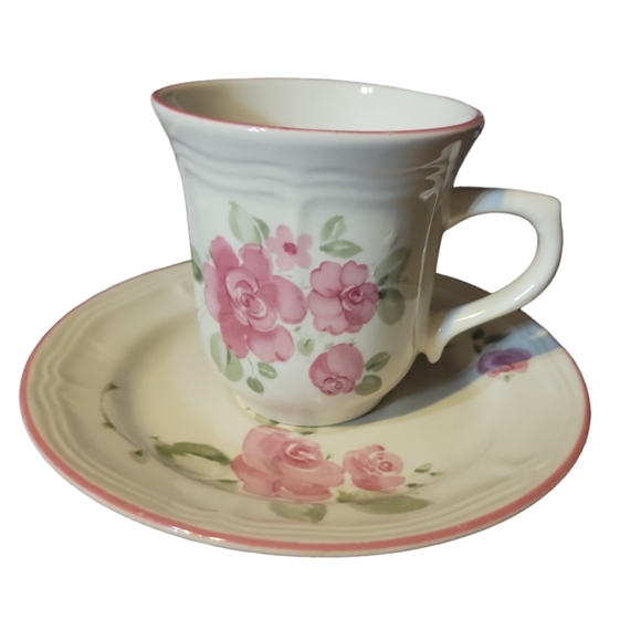 Gibson Other - 1 Vtg Gibson Roseland Coffee Tea Stoneware Flat Cup/Saucer Pink Rim Roses Leaves